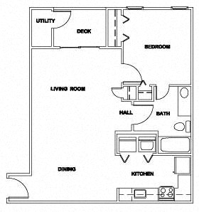 Floor plan for 1 bed, 1 bath, 700 sqft